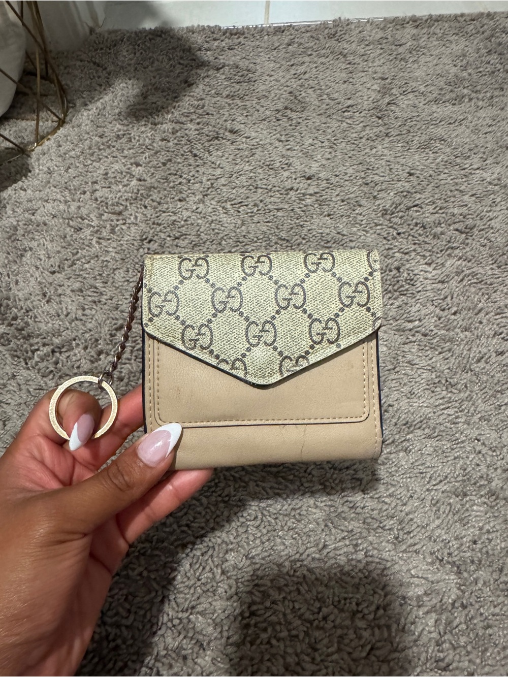 Designer-Inspired Beige Monogram Compact Wallet with Key Ring